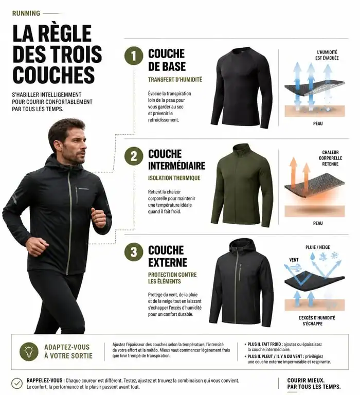 Infographie illustrant la règle des trois couches pour une tenue running homme