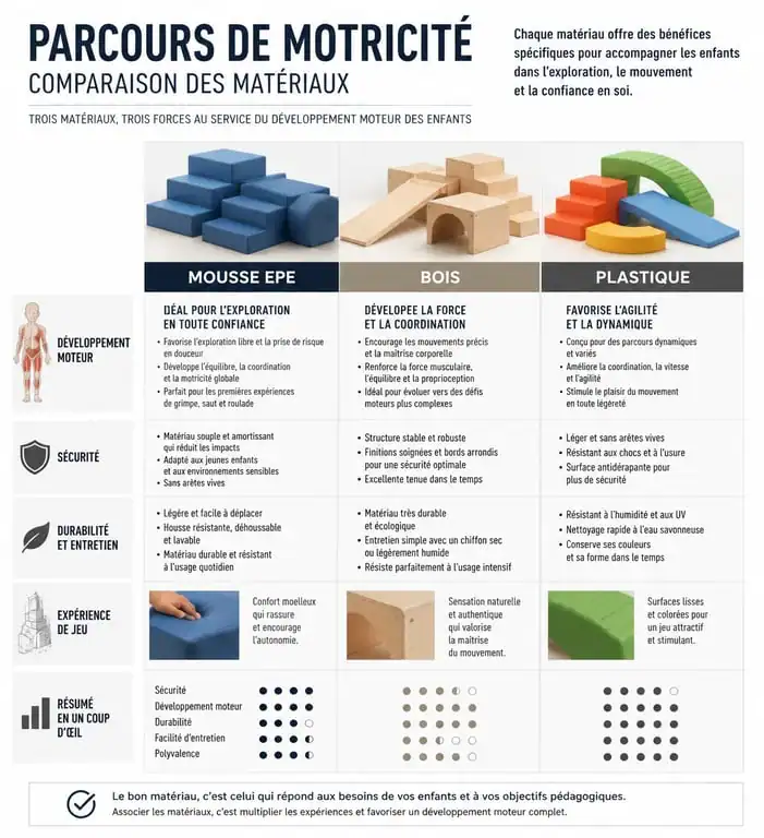 Comparatif des matériaux pour parcours de motricité : mousse, bois et plastique