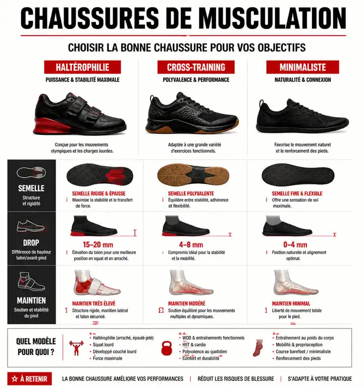 Comparatif des types de chaussures de musculation : haltérophilie, cross-training et minimaliste