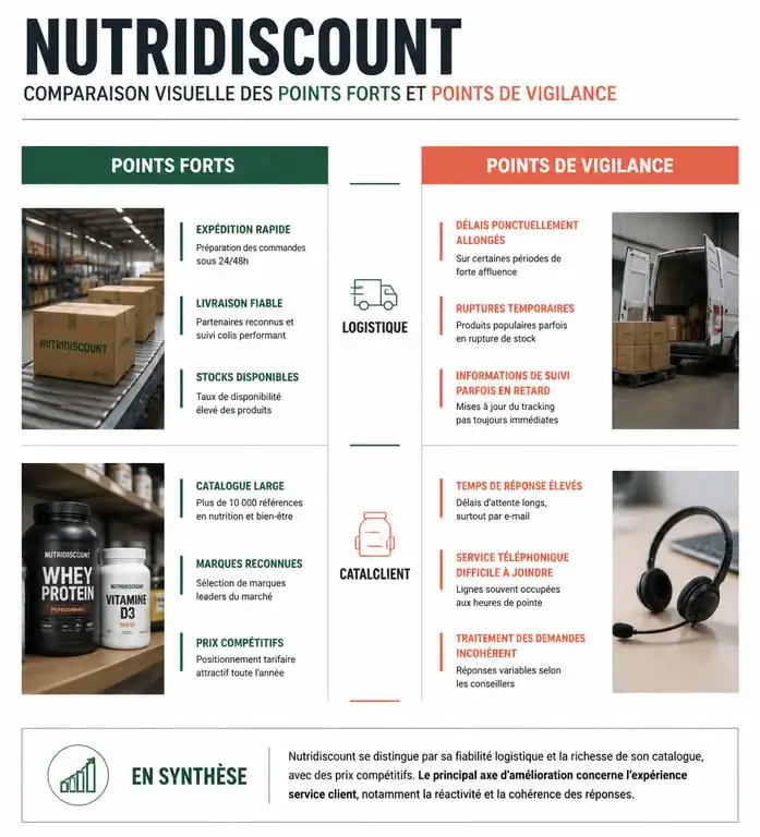 Infographie comparative des avis Nutridiscount : points forts et points de vigilance pour les clients