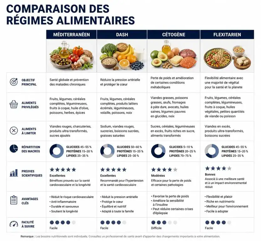 Comparatif des meilleurs régimes pour perdre du poids : Méditerranéen, DASH, Cétogène et Flexitarien