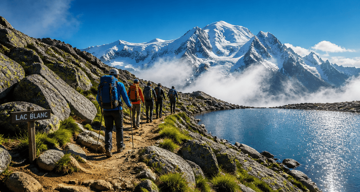 lac blanc randonnée sentier avec randonneurs et mont-blanc