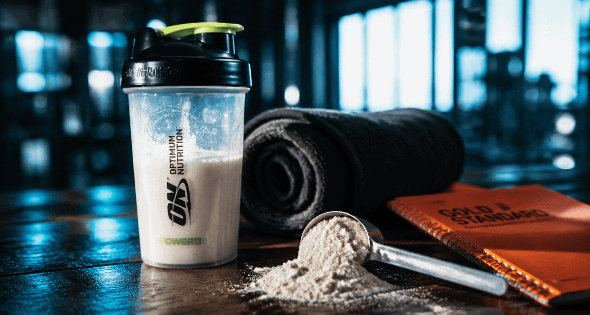 optimum nutrition whey nutrition shaker et poudre sur table