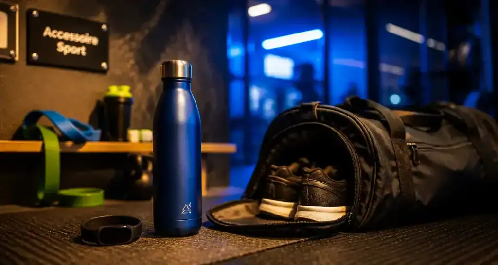 Accessoire pour sport : gourde, bracelet cardio et shaker en salle