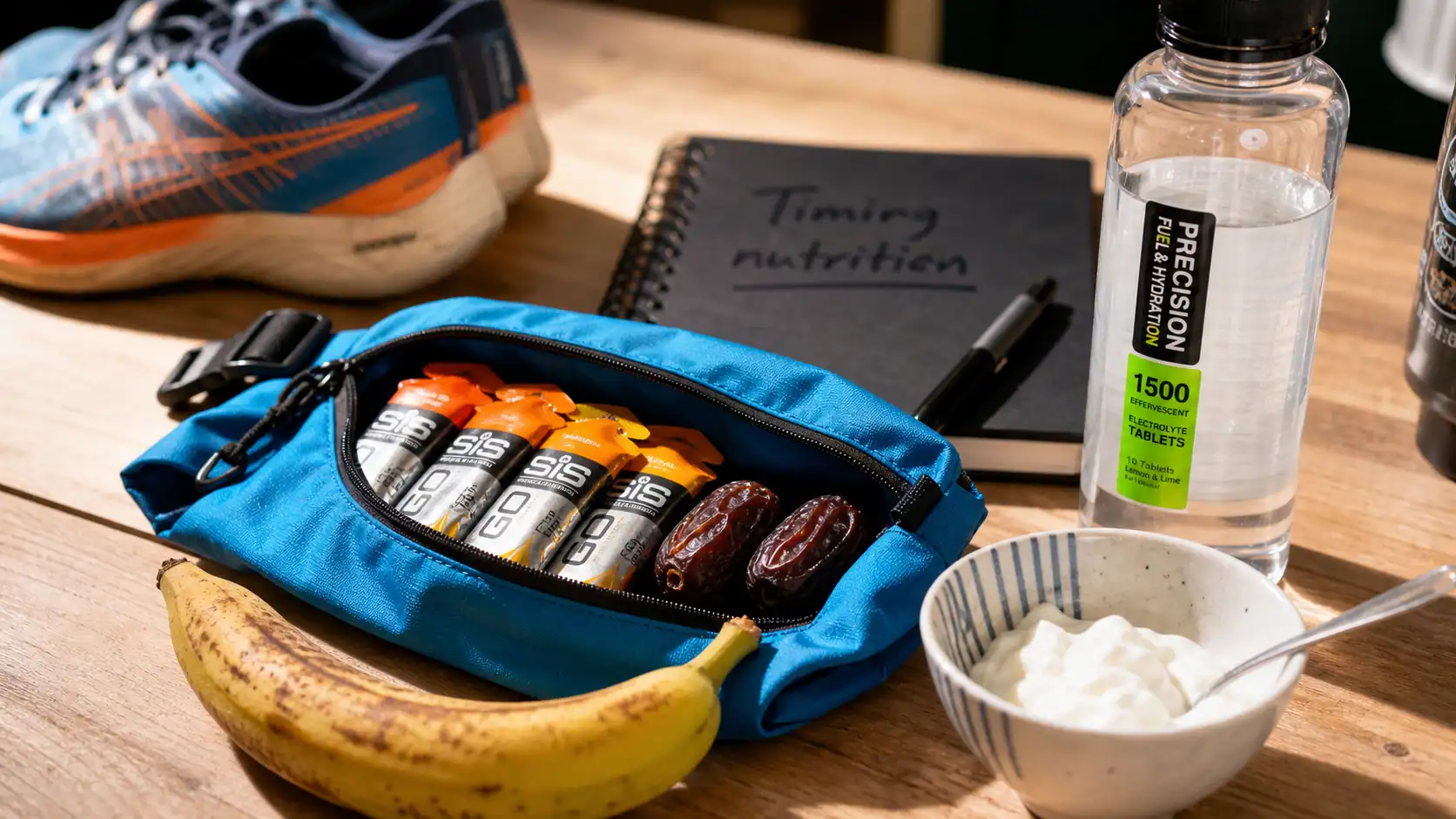 Alimentation course a pied : gels et électrolytes sur table
