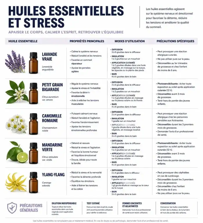 Infographie des huiles essentielles pour le stress et l'anxiété : propriétés et modes d'utilisation