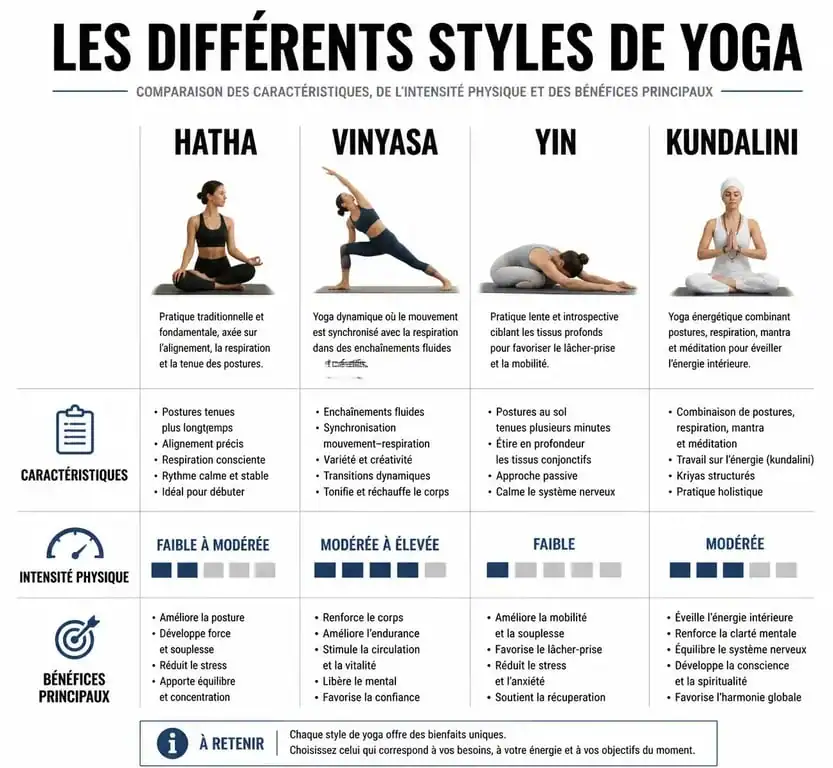 Infographie comparative des différents types de yoga pour choisir sa pratique