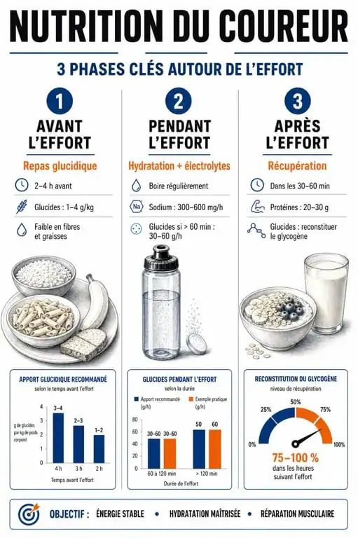 Infographie sur l'alimentation en course à pied : timing et nutriments essentiels
