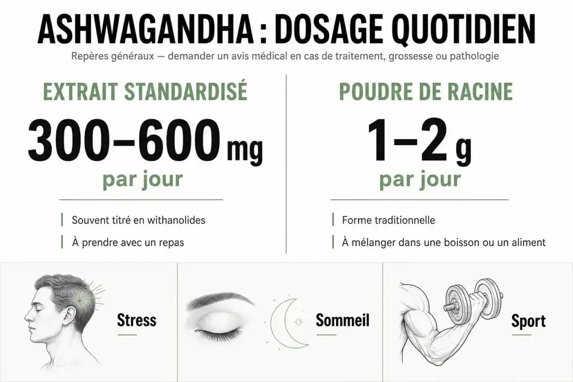 Infographie sur le dosage quotidien recommandé pour l'ashwagandha selon la forme et l'objectif