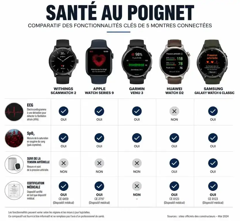 Infographie comparative des meilleures montres connectées santé : fonctionnalités ECG, SpO2 et certification médicale