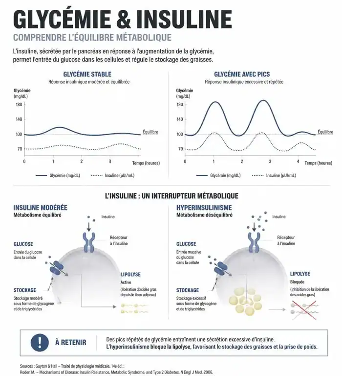 Infographie expliquant le lien entre la glycémie, l'insuline et la perte de poids