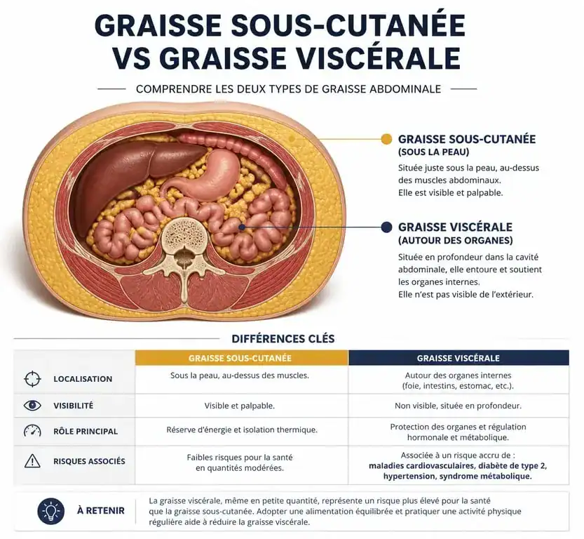 Schéma explicatif de la différence entre graisse sous-cutanée et graisse viscérale pour bruler les graisses ventre