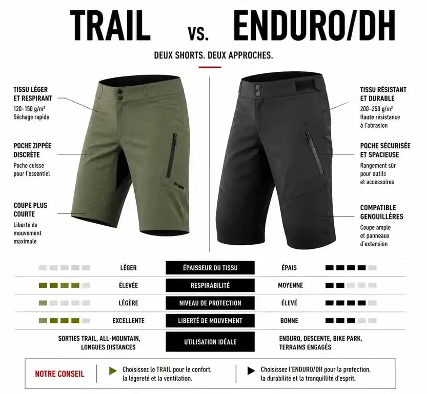 Infographie comparative des caractéristiques techniques d'un short VTT pour la randonnée et pour l'enduro
