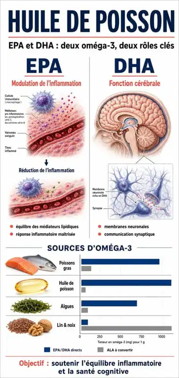 Infographie des bienfaits de l'huile de poisson et comparaison des sources d'oméga-3