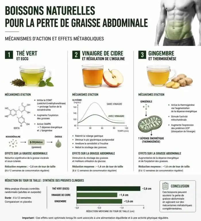 Infographie sur les bienfaits des boissons pour perdre du ventre et leur action métabolique