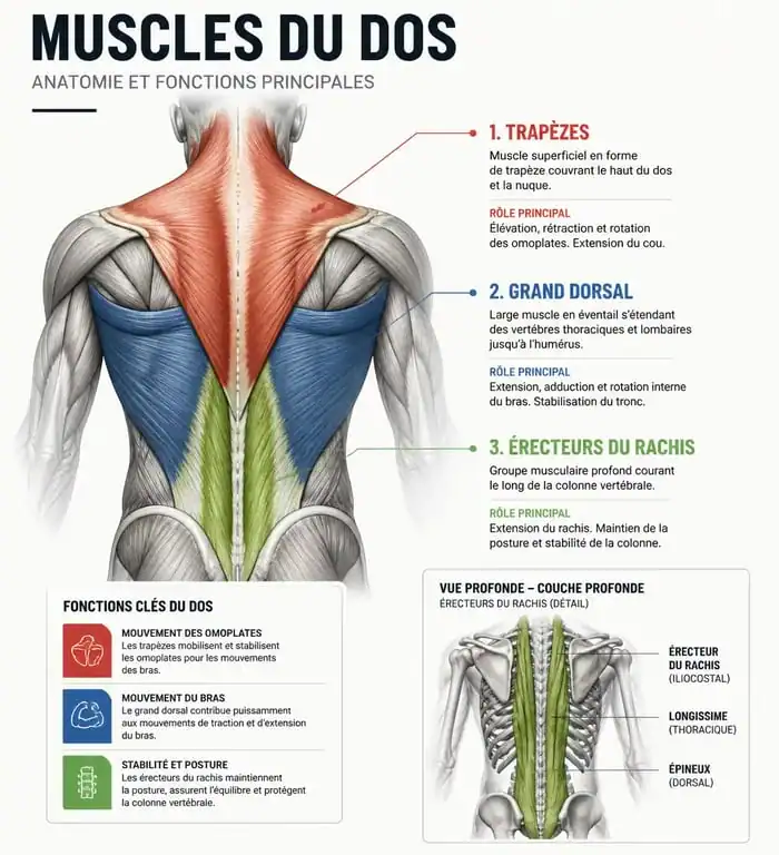 Schéma anatomique des muscles du dos pour la musculation