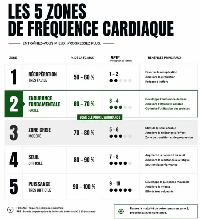 Infographie des zones de fréquence cardiaque pour l'endurance fondamentale en zone 2 ou 3