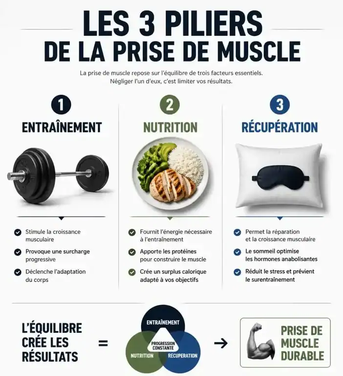 Infographie des 3 piliers pour prendre des muscle rapidement : entraînement, nutrition et récupération