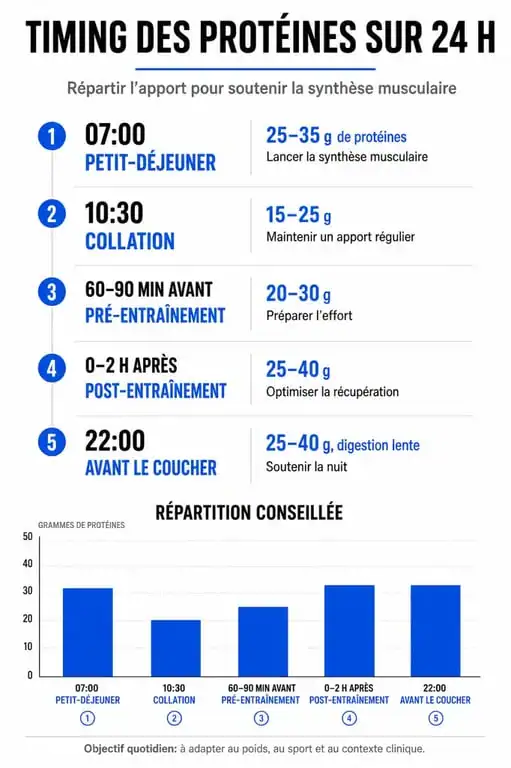 Infographie sur le timing optimal pour prendre de la protéine tout au long de la journée