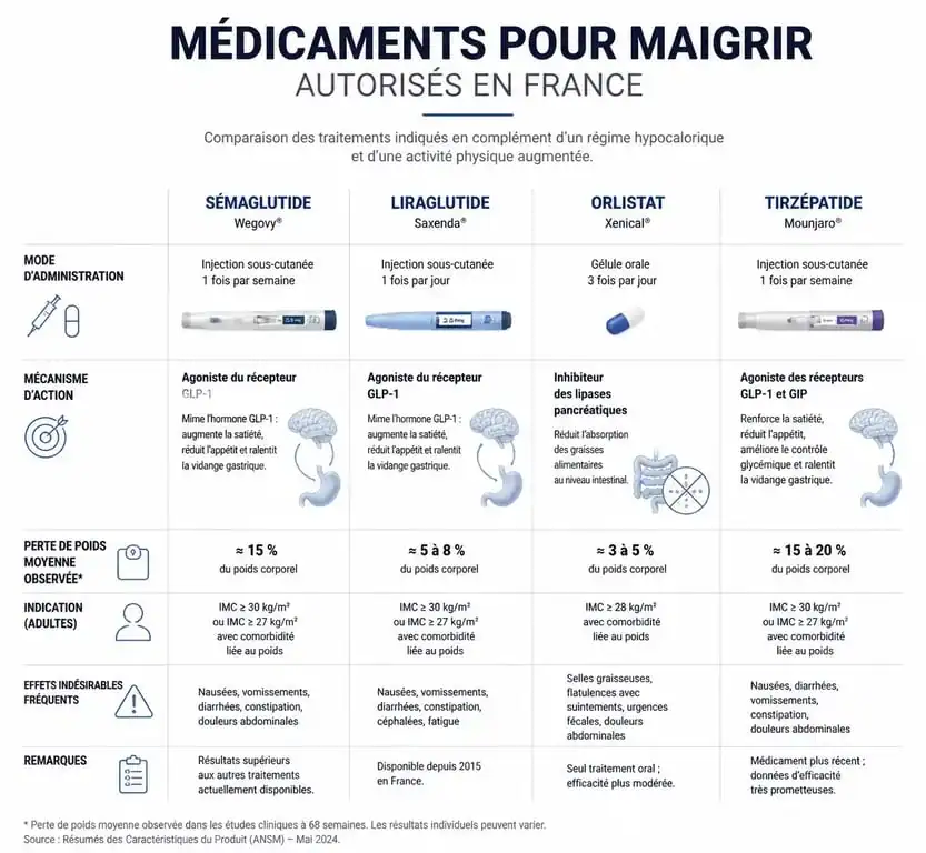 Infographie comparative des médicaments pour maigrir autorisés en France