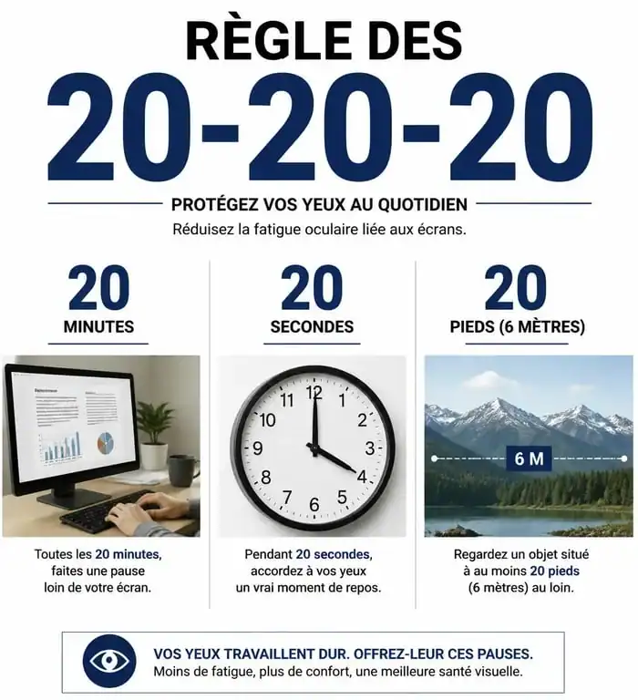 Infographie illustrant la règle des 20-20-20 pour prévenir la fatigue oculaire lors de l'exercice des yeux