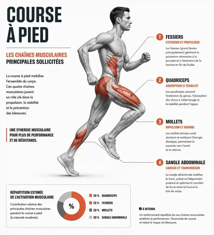 Infographie des muscles sollicités pour le renforcement musculaire en course à pied