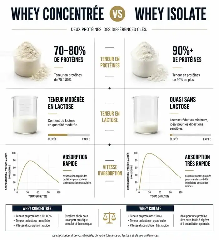 Comparatif visuel des différences nutritionnelles entre la whey concentrée et la whey isolate pour les sportifs