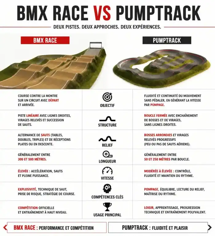 Infographie comparative entre une piste de BMX Race et un pumptrack pour comprendre les différences techniques.