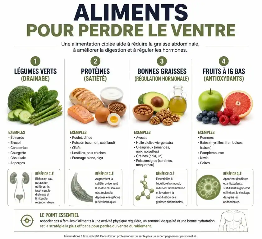 Infographie des 12 meilleurs aliments pour perdre le ventre et réduire la graisse abdominale