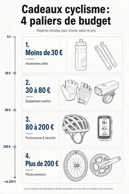 Infographie des idées de cadeau pour cycliste classées par budget