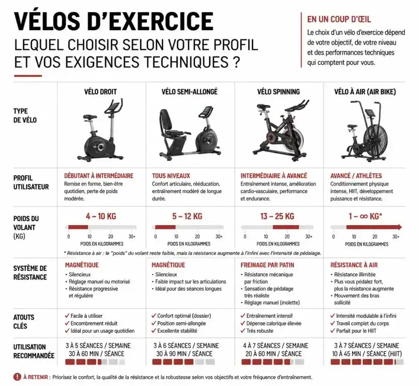 Infographie comparative des types de vélos d'appartement pour choisir le meilleur vélo d'appartement selon son profil et ses besoins techniques.