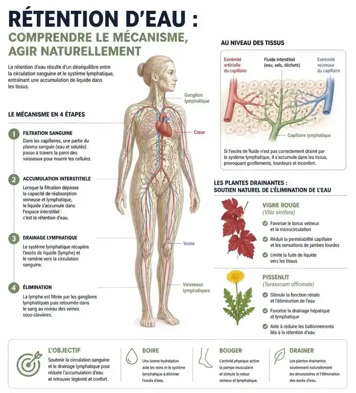 Infographie explicative sur le mécanisme de la rétention d'eau et l'action des plantes anti-rétention d'eau puissantes