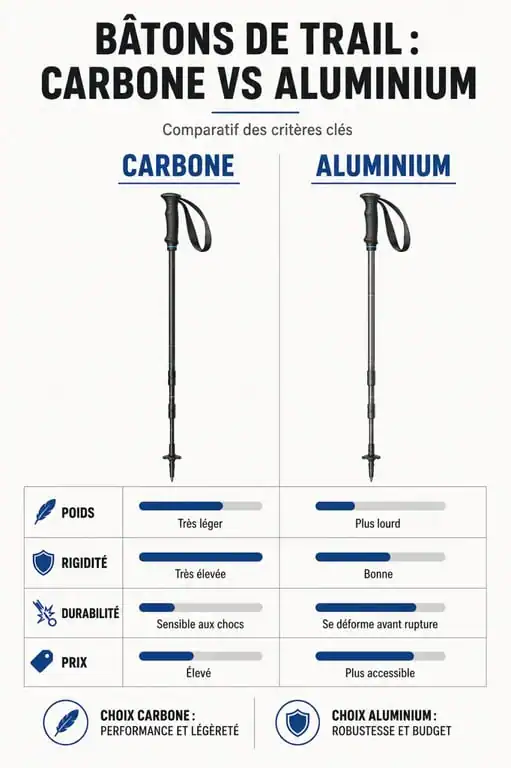 Comparatif des caractéristiques techniques entre bâtons de trail pliables en carbone et en aluminium