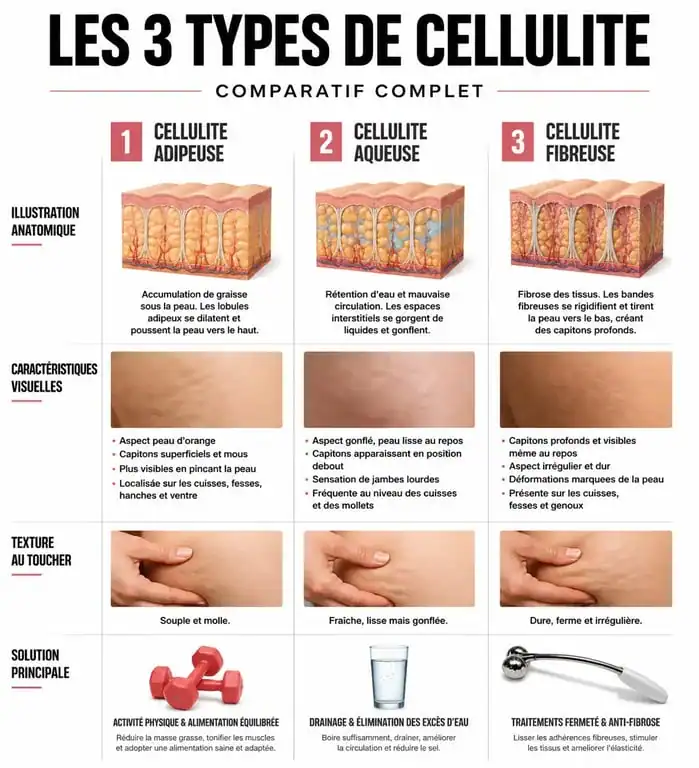 Infographie comparative des types de cellulite pour aider à perdre la cellulite des cuisses