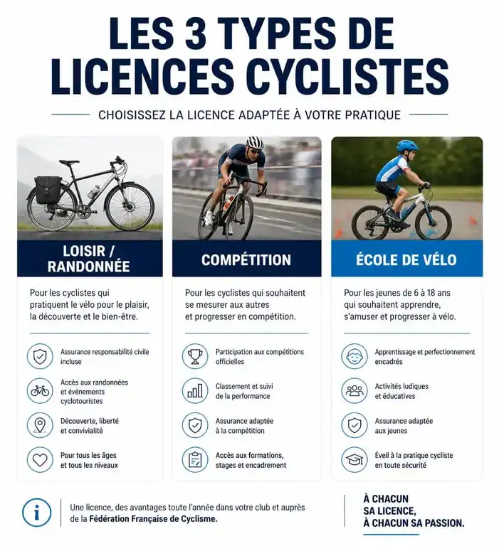 Infographie comparative des types de licences pour rejoindre un vélo club