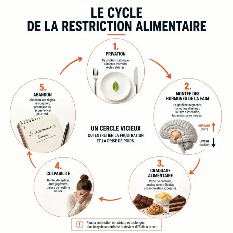 Schéma explicatif du cycle de la restriction alimentaire et du manque de volonté pour maigrir