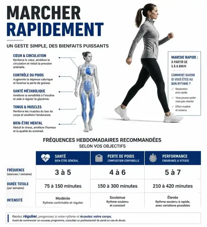 Infographie sur la fréquence idéale de la marche rapide par semaine pour la santé et la perte de poids