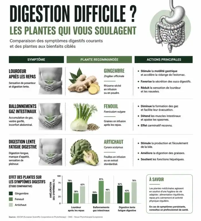 Infographie sur les aides naturelles pour la digestion et le soulagement des troubles digestifs.