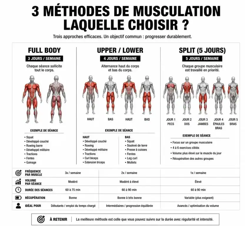 Tableau comparatif des méthodes de musculation : Full Body, Upper/Lower et Split pour un programme hebdomadaire efficace.
