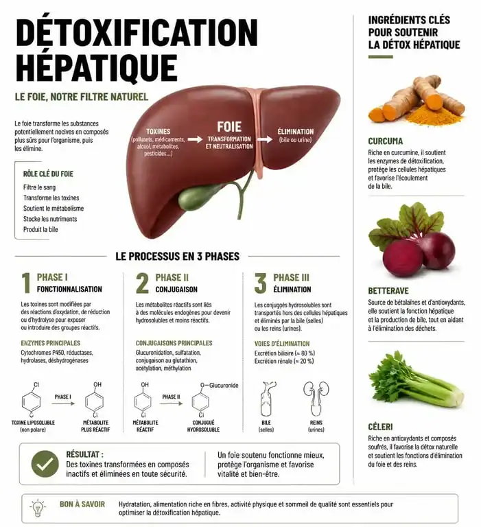 Infographie sur les bienfaits des jus détox pour le foie et le processus de détoxification hépatique