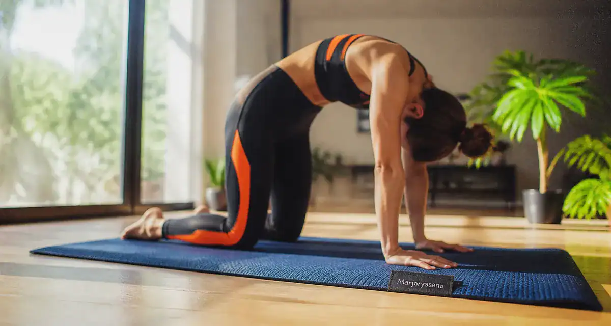 Posture du chat en yoga exécutée sur tapis bleu