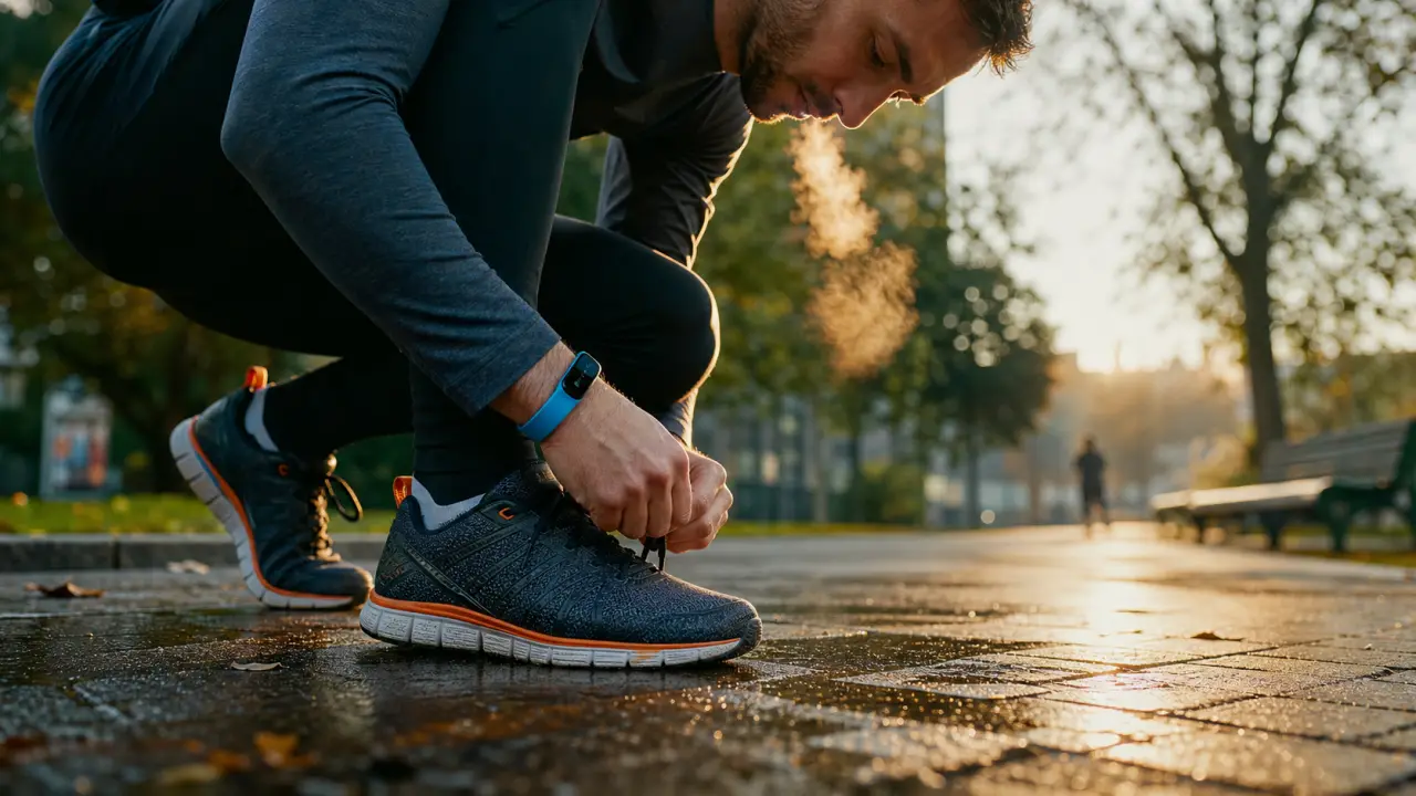 10 bienfaits de la course a pied : chaussures running et cardio sur trottoir humide
