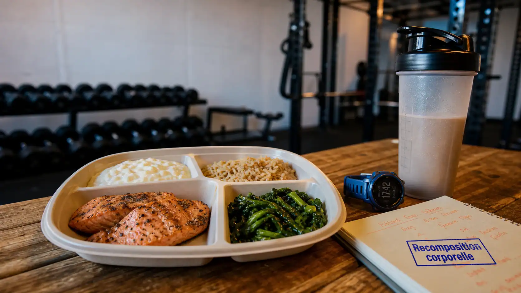 Alimentation pour prendre du muscle et perdre de la graisse : assiette protéines, riz complet, saumon et légumes