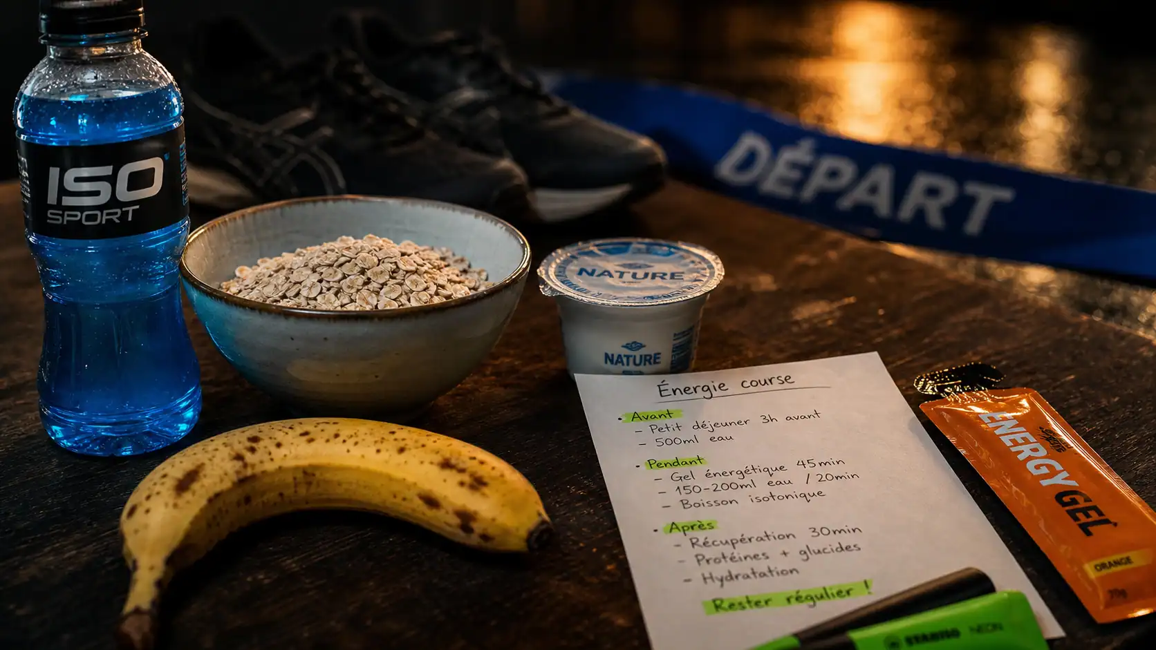 Alimentation pour un marathon : énergie au 30e km, bol avoine, banane, yaourt, gel