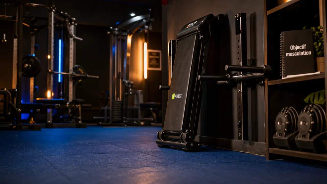 Banc et barre de musculation dans un home gym
