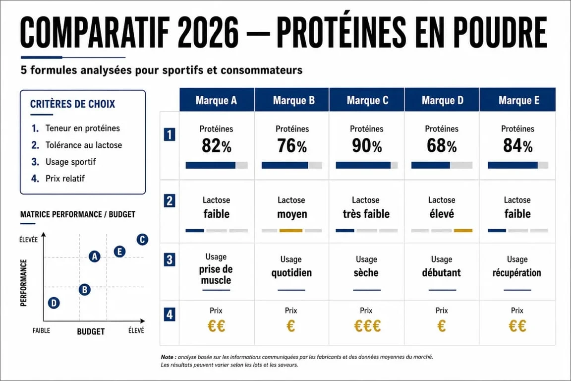 Comparatif des meilleur marque de proteine avec critères de qualité, lactose, prix et profil d’usage