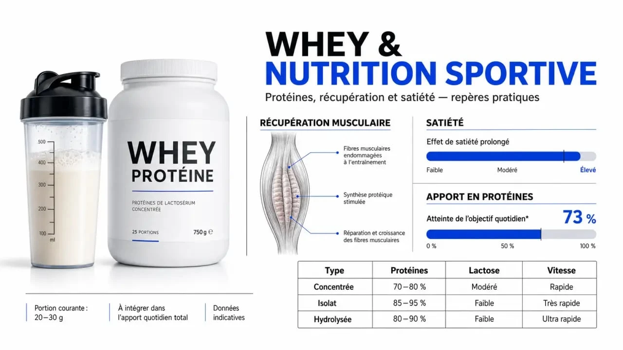 Pourquoi prendre de la whey : illustration éditoriale sur les bénéfices, la récupération et le choix entre les types de whey