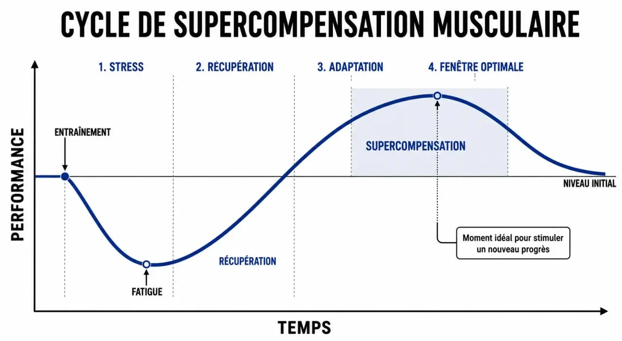 Infographie sur le cycle de supercompensation et la récupération en musculation tous les jours