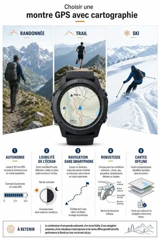 Comparatif visuel de la meilleure montre gps avec cartographie selon la randonnée, le trail et le ski