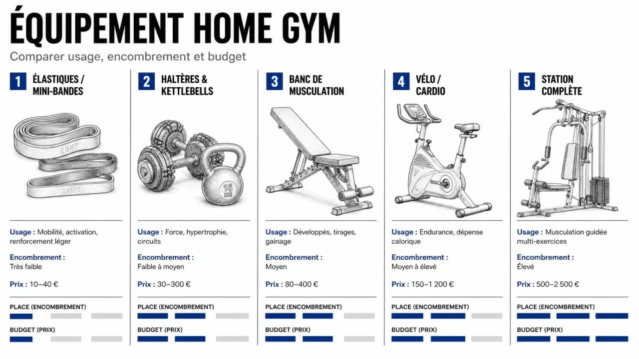 Infographie sur le matériel sport maison avec comparaison des équipements, usages et prix